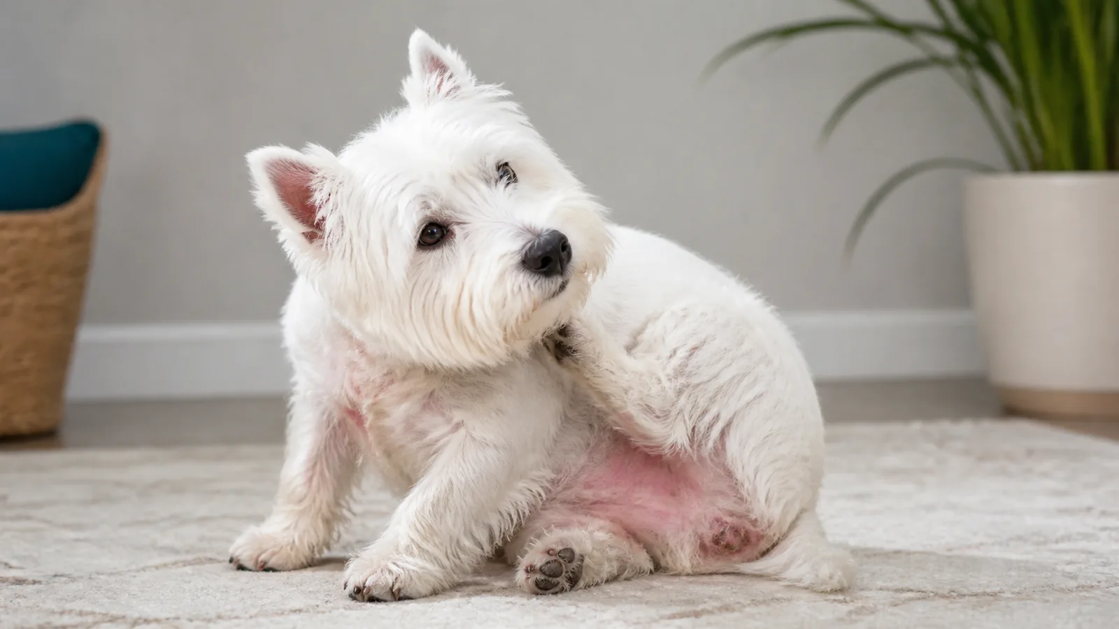Westie with a pink, irritated belly scratching at its chin