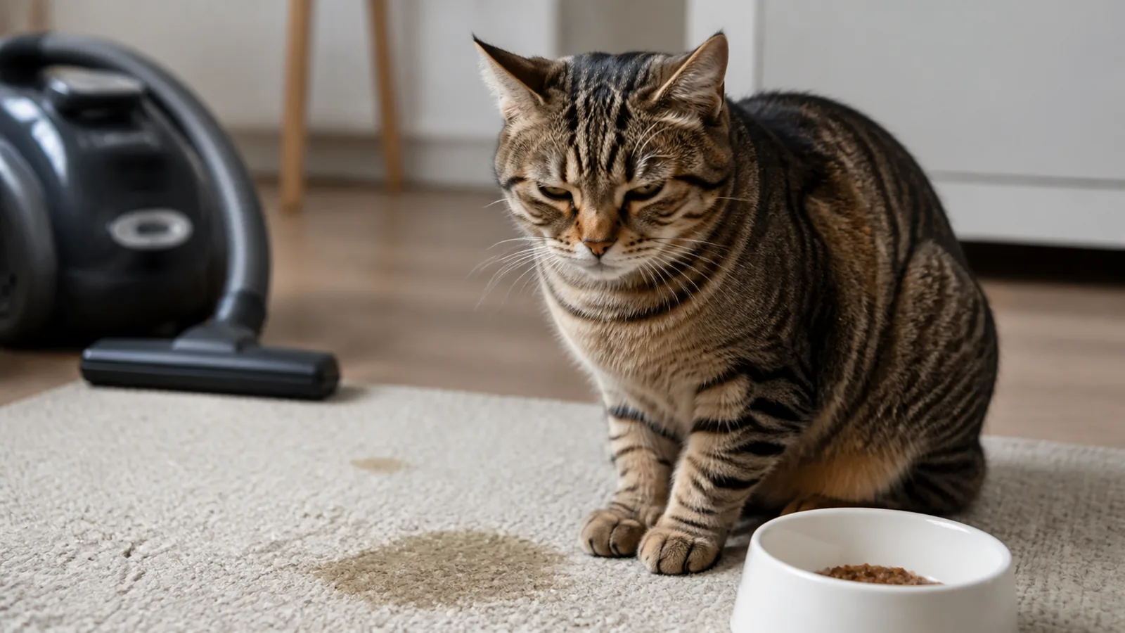 Cat sitting beside its food bowl next to a carpet stain from vomiting