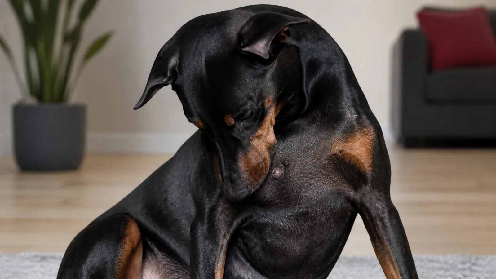 Doberman looking down at a lump on its chest