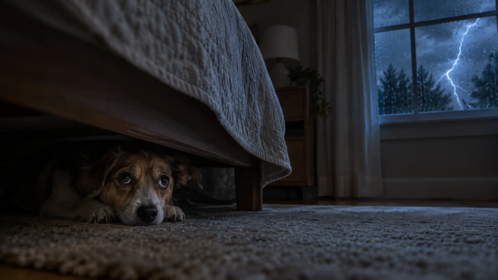 Small brown dog hiding under a bed during a thunderstorm