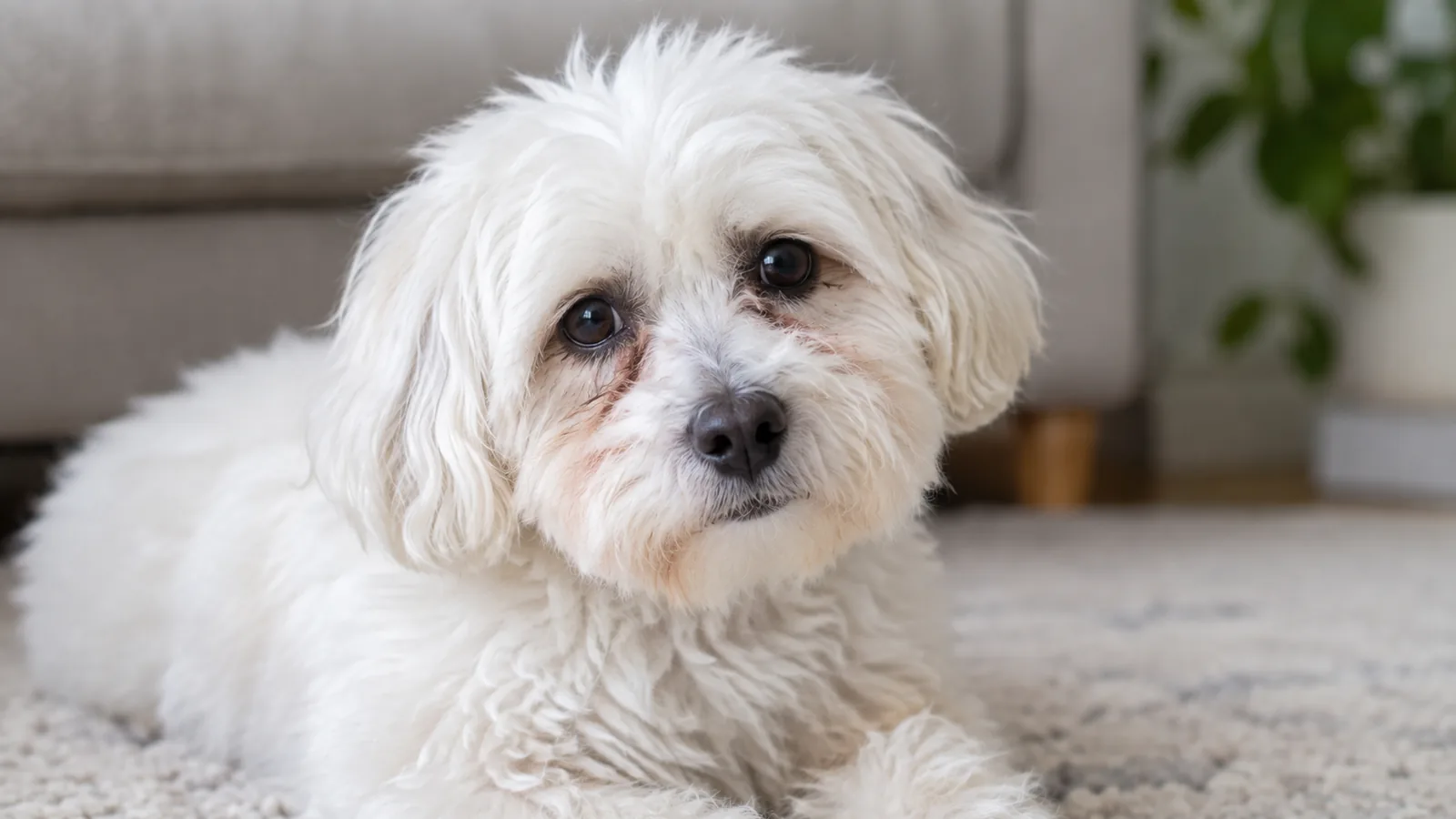 Small white dog in a living room with visible tear staining around its eyes