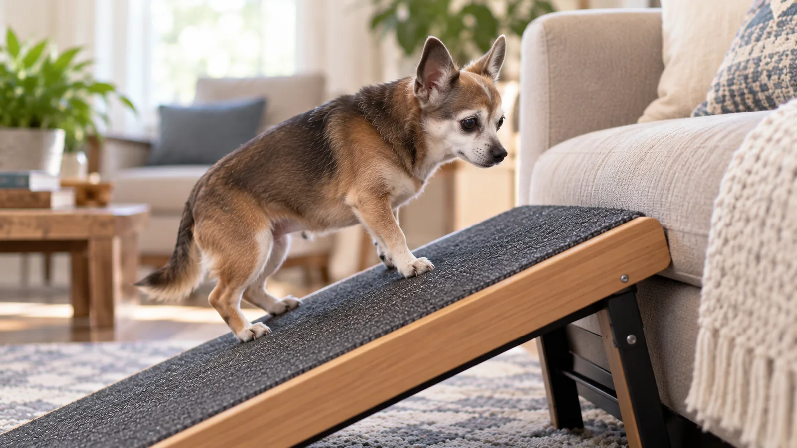 A small grey-faced chihuahua mix climbing a carpeted pet ramp up to a living room sofa.