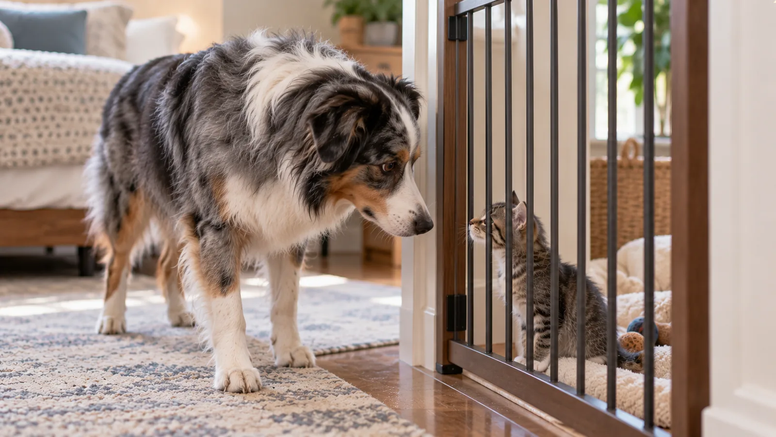Blue merle herding dog and a tabby kitten meeting nose to nose through a tall pet gate.