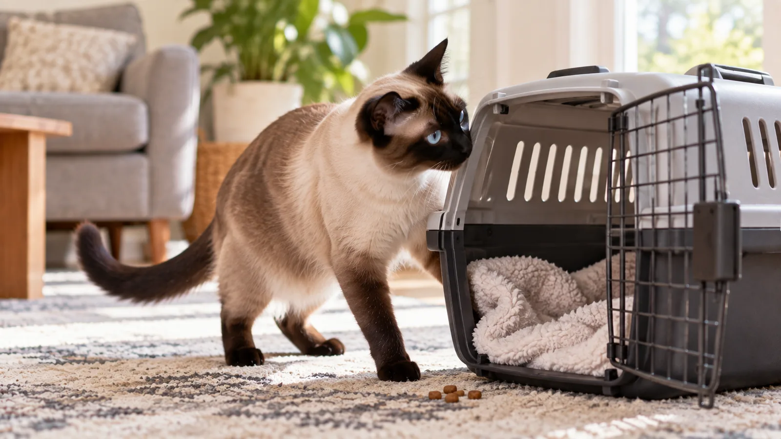 A Siamese cat with blue eyes steps toward an open pet carrier lined with a fleece bed, treats on the rug.